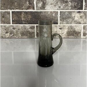 Vintage Bohemia Crystal Handled Shot Glass Cordial Floral Smoked Glass Etched